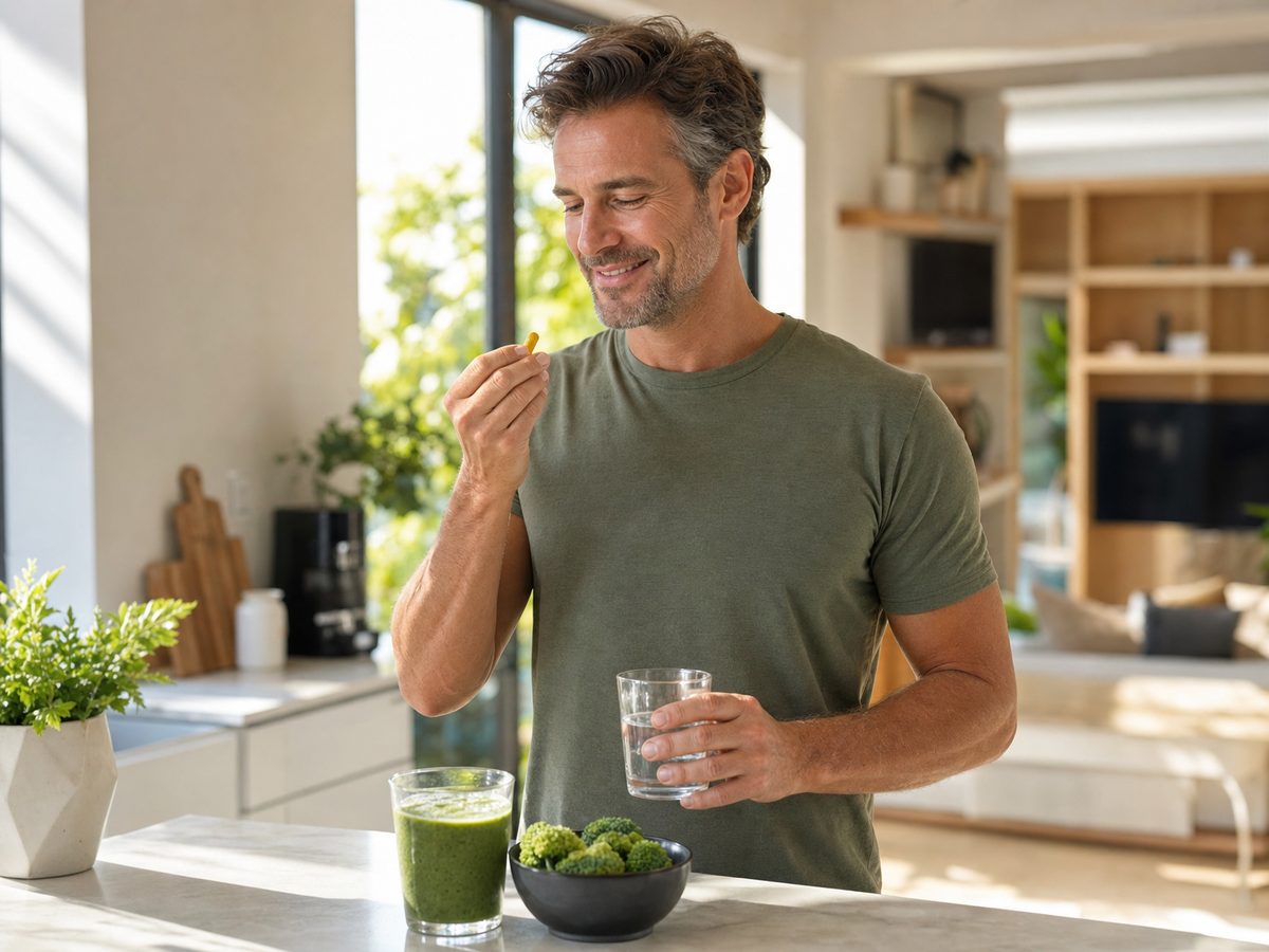 A healthy older man enjoying fresh greens and water at a sunlit table