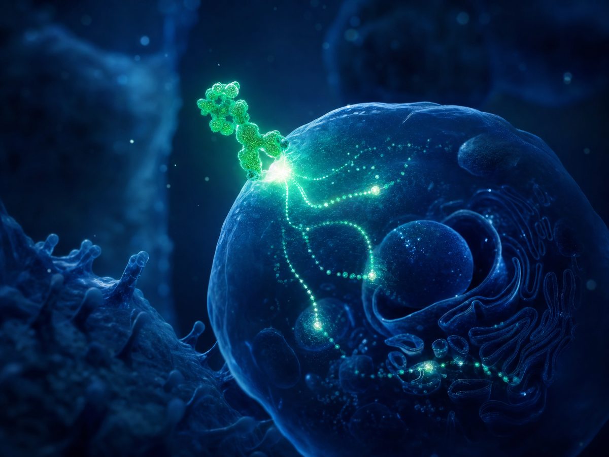 Illustration of broccoli-derived molecules being carried into a cell, representing the Nrf2 detoxification pathway