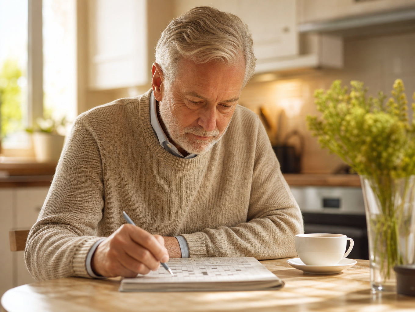 Focused man solving a crossword puzzle at a sunlit kitchen table