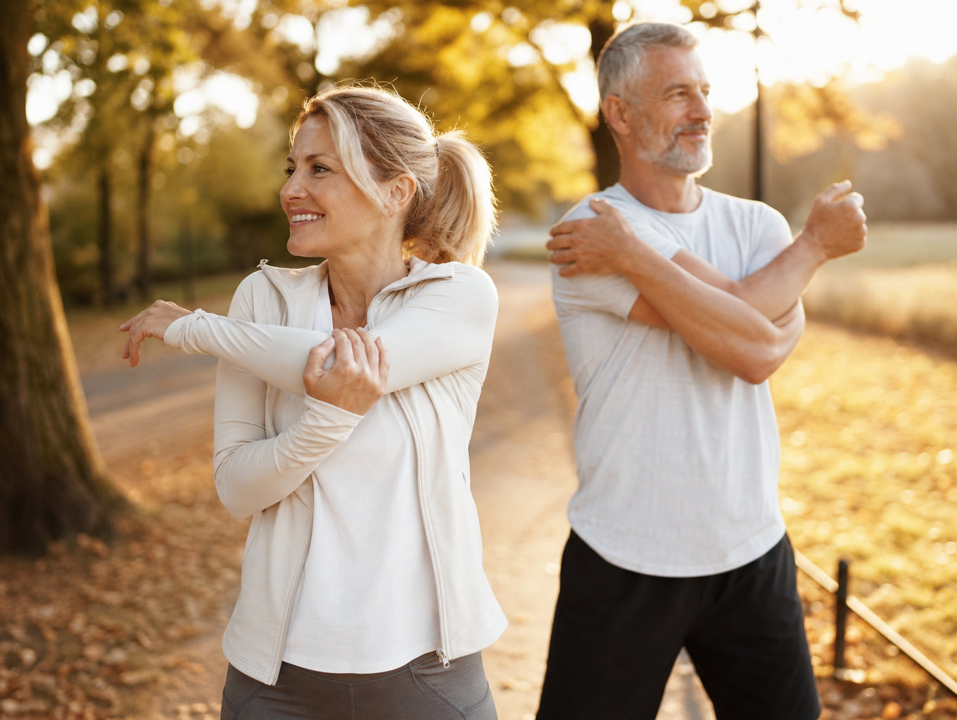 Active couple stretching comfortably outdoors in golden morning light