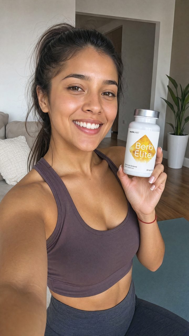 Woman after a workout holding a bottle of BerbElite