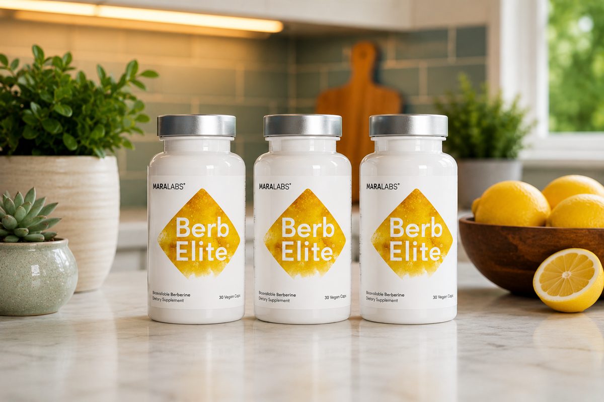 Three bottles of BerbElite on a kitchen counter