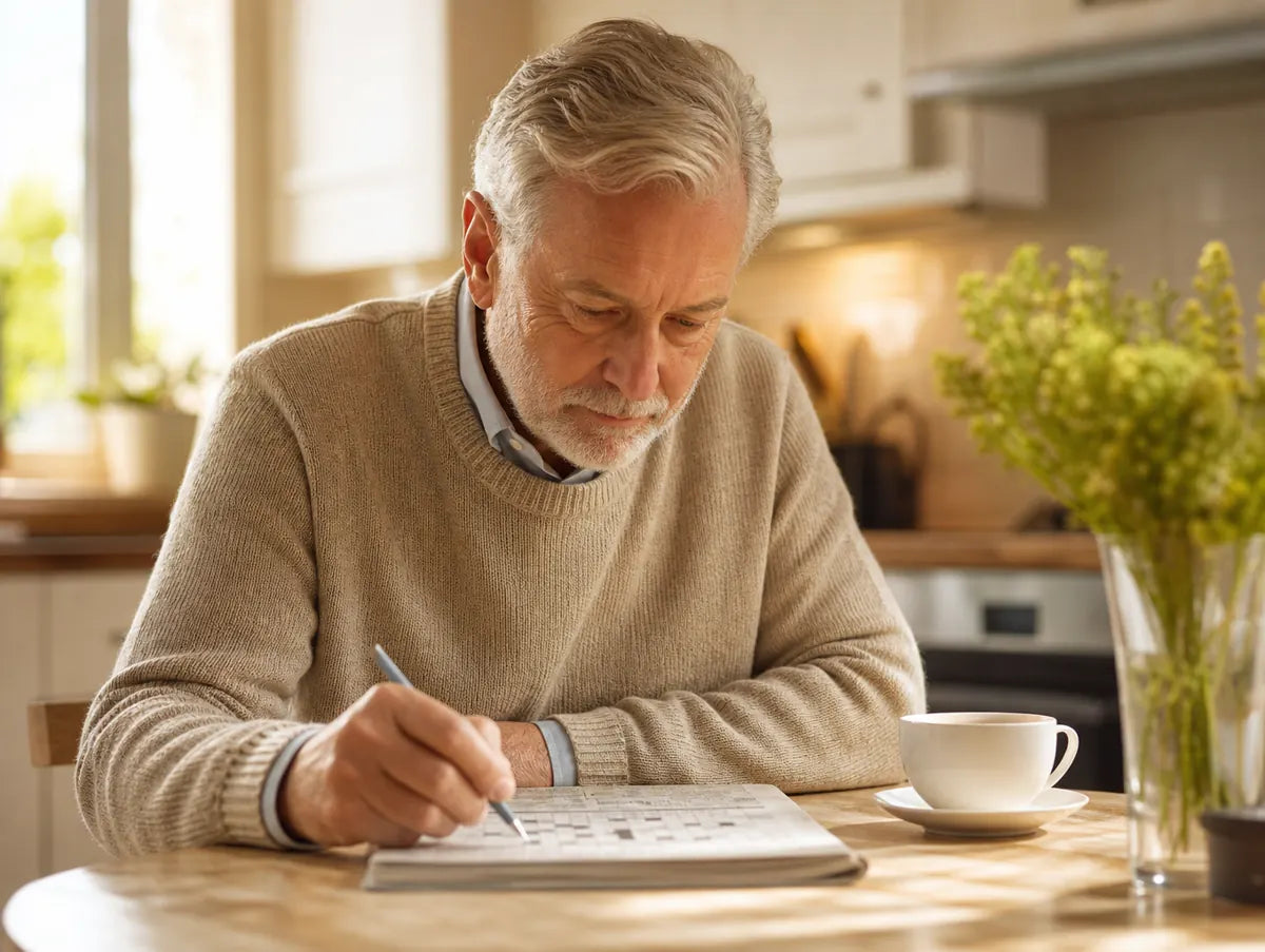 Focused man solving a crossword puzzle at a sunlit kitchen table