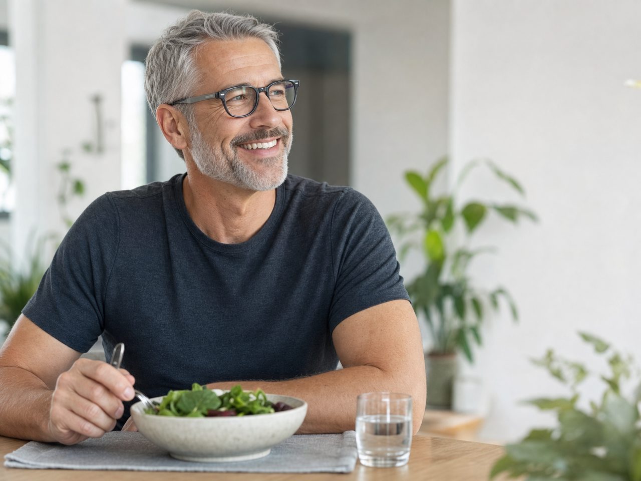 A healthy older man enjoying fresh greens and water at a sunlit table