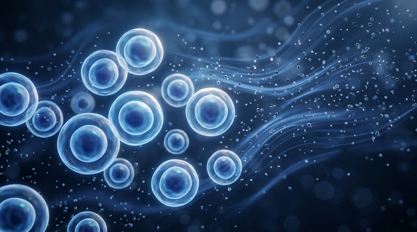 Illustration of cells with particles being carried away by a gentle current, representing natural cellular clearance